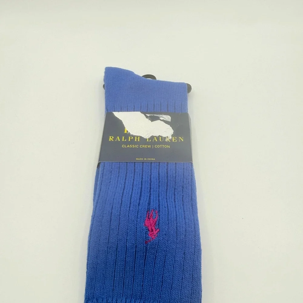 Polo Ralph Lauren Crew Socks Mens One Size Blue Pink Pony Logo Ribbed Cotton NEW